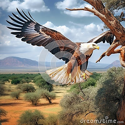 African Fish Eagle flying from tree at Lewa Conservancy, Kenya, Africa Made With Generative AI illustration Cartoon Illustration