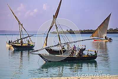 African fishermen on the boat. Coast of Zanzibar island Editorial Stock Photo