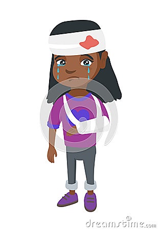 African girl with broken arm and bandaged head. Vector Illustration