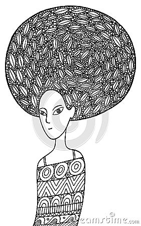 African girl coloring page in boho fashion style Vector Illustration