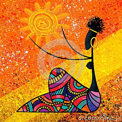 African girl holds the sun digital painting canvas artwork original in warm colors Stock Photo
