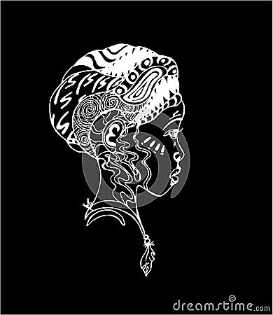 African girl in profile. Tattoo art illustration. Chalk on a blackboard. Vector Illustration