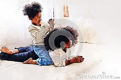African girl siblings are having fun and tease each other in the bedroom during the holidays on watercolor illustration . Cartoon Illustration