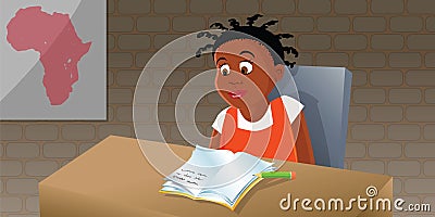 African girl studying Cartoon Illustration