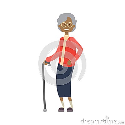 African grandmother with stick, full length avatar on white background, successful family concept, tree of genus flat Vector Illustration