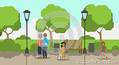 African grandparents grandchildren, full length avatar over city park wooden bench street lamp green lawn trees template Vector Illustration