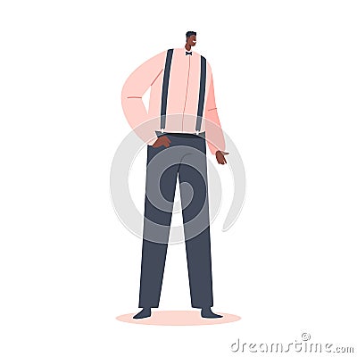 African Groom Wear Pink Shirt and Trousers on Suspenders Isolated on White Background. Newlywed Male Character Stock Photo