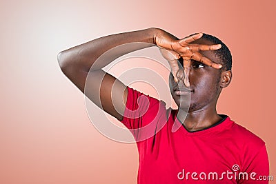 African guy closing nose because something stinks Stock Photo