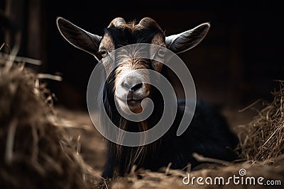 African Indigenous pygmy goat with curved horns behind a bale of hay Stock Photo