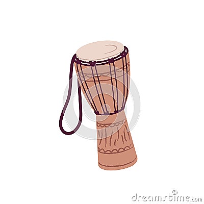 African jembe drum. Ethnic folk wooden djembe. Traditional indigenous percussion music instrument from wood and ropes Vector Illustration