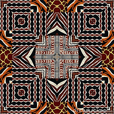 African kente cloth patchwork effect pattern. Seamless geometric quilt fabric all over background. Patched boho rug Stock Photo