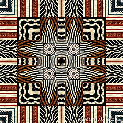 African kente cloth patchwork effect pattern. Seamless geometric quilt fabric all over background. Patched boho rug Stock Photo