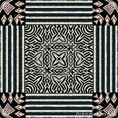 African kente cloth patchwork effect pattern. Seamless geometric quilt fabric all over background. Patched boho rug Stock Photo