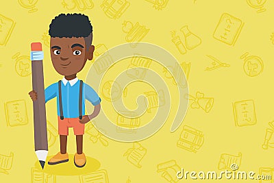 African kid boy standing with a huge pencil. Vector Illustration