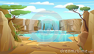 African lake landscape with waterfall among rocks. Cascade shimmers downward. Water flowing. Acacia branches. Cool Vector Illustration