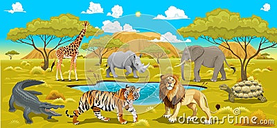 African landscape with animals. Vector Illustration