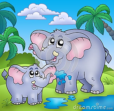 African landscape with elephants Cartoon Illustration