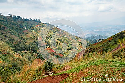 African landscape with houses and farms on the valley at the foothills of Uluguru Mountains in Morogoro Town, Tanzania Stock Photo