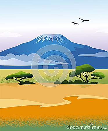 African landscape with Kilimanjaro mountain Vector Illustration