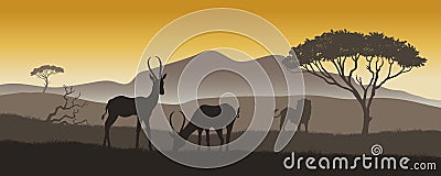 African landscape. Panorama of savannah wilderness. Nature of Africa. Travel safari scene poster. Lion and antelopes Vector Illustration