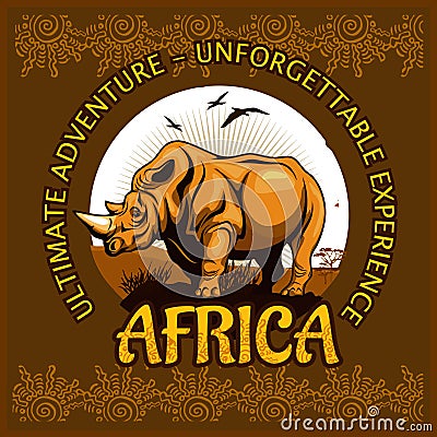 African landscape and rhino - vector poster. Vector Illustration