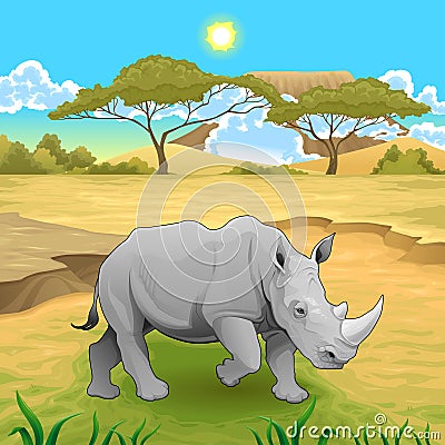 African landscape with rhinoceros. Vector Illustration