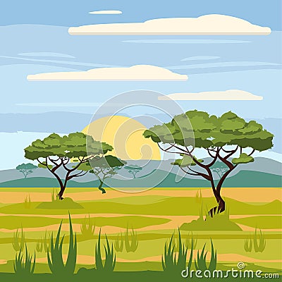 African landscape, savannah, nature, trees, wilderness Cartoon Illustration