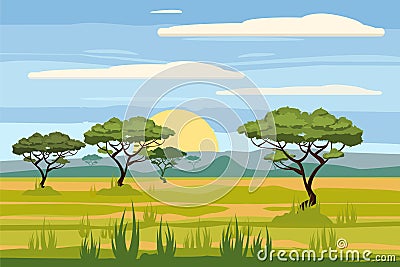 African landscape, savannah, sunset, vector, illustration, cartoon style, isolated Vector Illustration