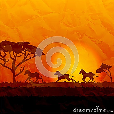 African landscape, silhouettes of zebras on sunset background Vector Illustration