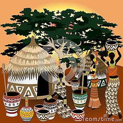 African Life Scenery, village, huts, women and wild animals on Sunset Vector Art Vector Illustration