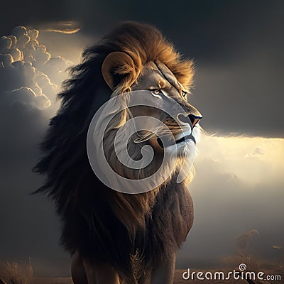 The African lion (Panthera leo) is a majestic and iconic big cat native to various regions in Africa Stock Photo