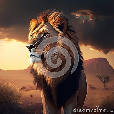 The African lion (Panthera leo) is a majestic and iconic big cat native to various regions in Africa Stock Photo