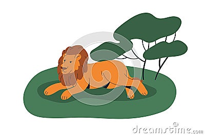 African lion, wild feline animal lying. Leo king, savanna predator with mane relaxing on grass in savannah. Male beast Vector Illustration