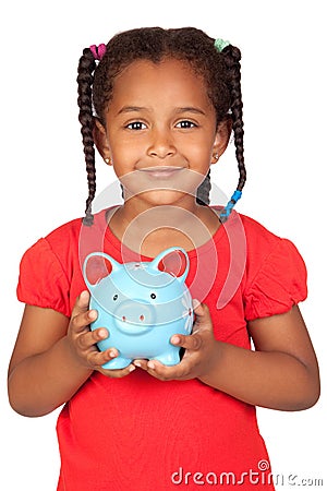 African little girl with a blue piggy-bank Stock Photo