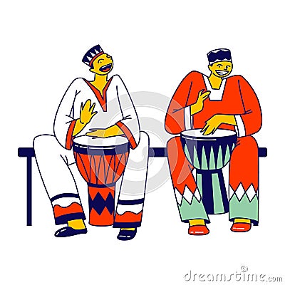 African Male Characters in National Clothes Playing Traditional Jembe Drums for Folk Festival or Kwanzaa Holiday Vector Illustration
