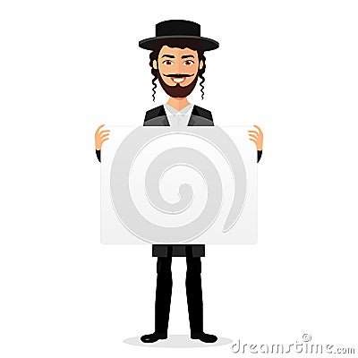 Jewish man holding banner isolated on white background vector Vector Illustration