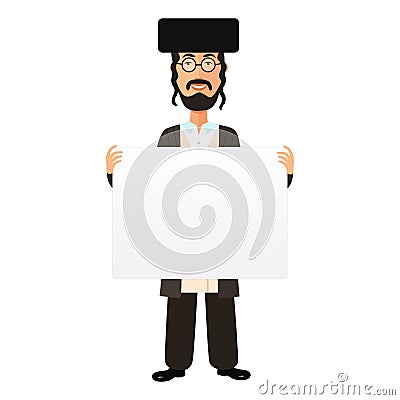 Jewish cartoon flat smile man holding banner isolated on white background vector Vector Illustration