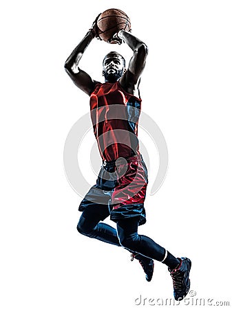 African man basketball player jumping throwing silhouette Stock Photo