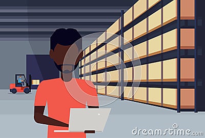 African man forklift loader working warehouse interior using laptop parcel box on rack logistic delivery cargo service Vector Illustration