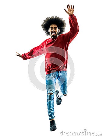 African man running jumping saluting isolated Stock Photo