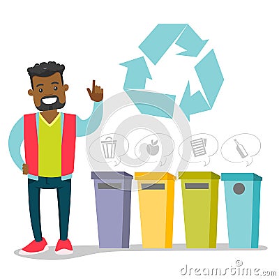 African man standing next to the garbage bins. Vector Illustration
