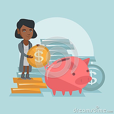 African manager putting a coin in a piggy bank. Vector Illustration