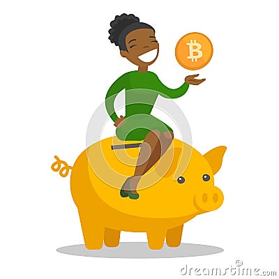 African manager putting a coin in a piggy bank. Vector Illustration