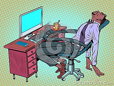 african manager sleeps at the workplace in the office. A robotic work chair works for a person Vector Illustration