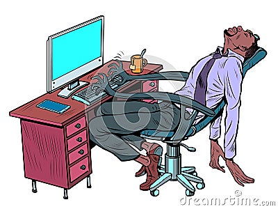 african manager sleeps at the workplace in the office. A robotic work chair works for a person Vector Illustration