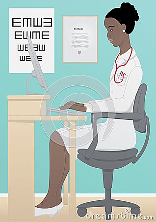 African medical doctor working on computer Vector Illustration