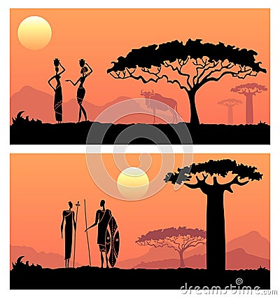 African men and women against the African sunset Vector Illustration