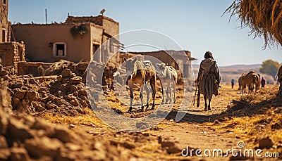 African men working outdoors, herding cattle in the dry heat generated by AI Stock Photo