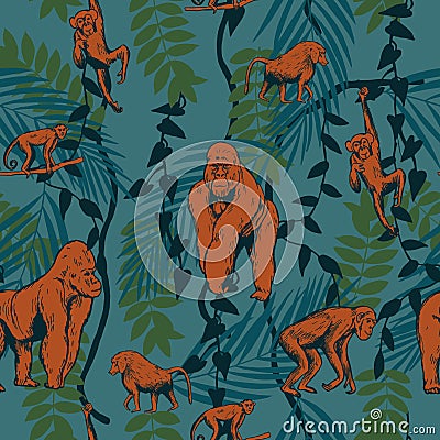 African monkeys in the jungle. Vector pattern Vector Illustration