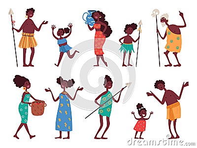 African native tribal characters. Funny men and women, children and old people, national colorful clothes and household Vector Illustration